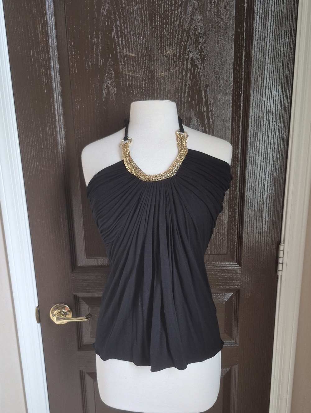 Sky Black Halter Top with Gold Chain Accent